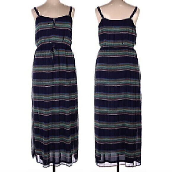 GAP Navy Blue Red White Multi Striped Sleeveless Tie Waist Blouson Maxi Dress M - Picture 1 of 12